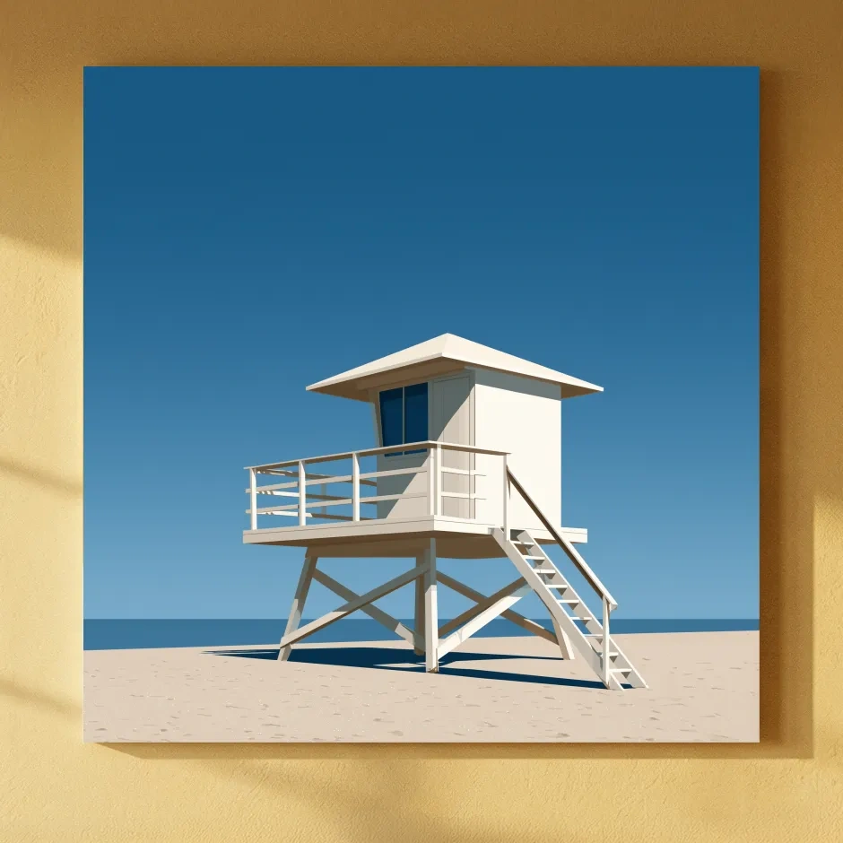 Mid-Century Beach Lifeguard Tower - Minimalist Vector Wall Art