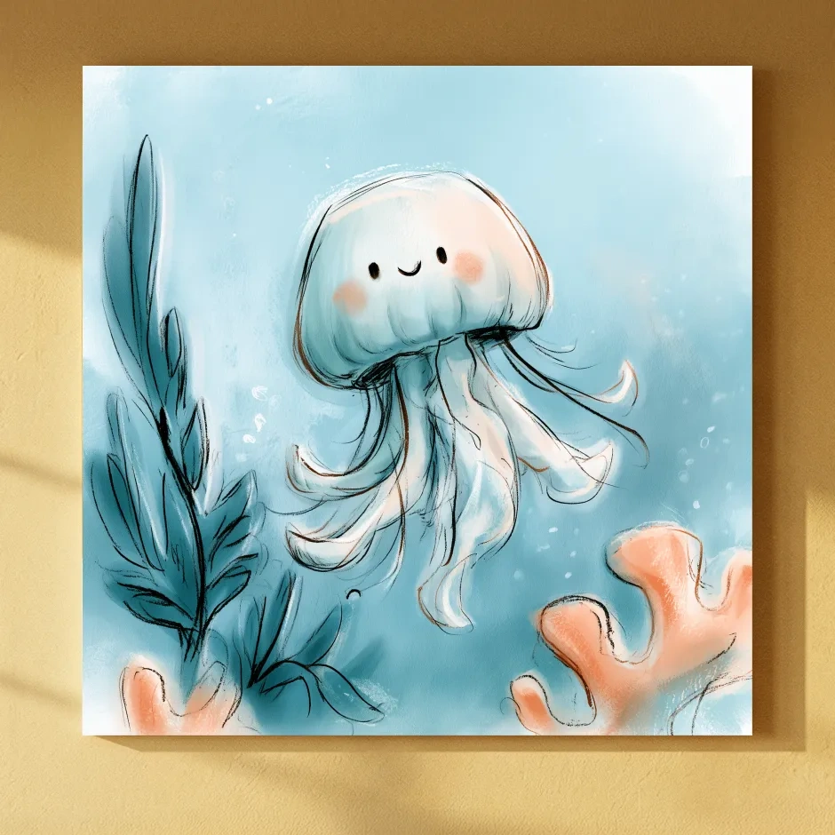 Cute Jellyfish Underwater Watercolour Illustration - Whimsical Marine Life Wall Art