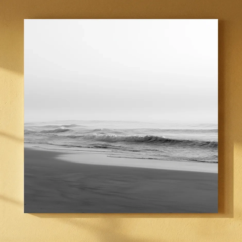 Misty Beach Waves - Minimalist Photographic Wall Art