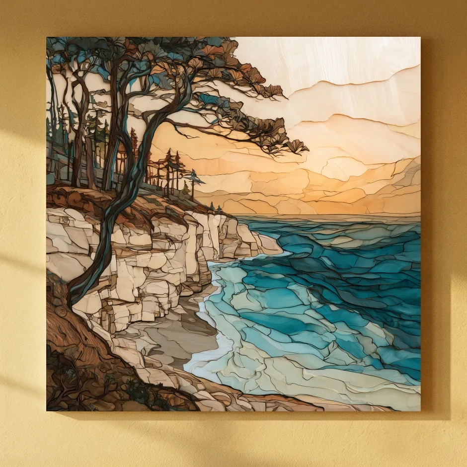 Abstract Coastal Cliffs And Windswept Trees - Ocean Illustration Wall Art