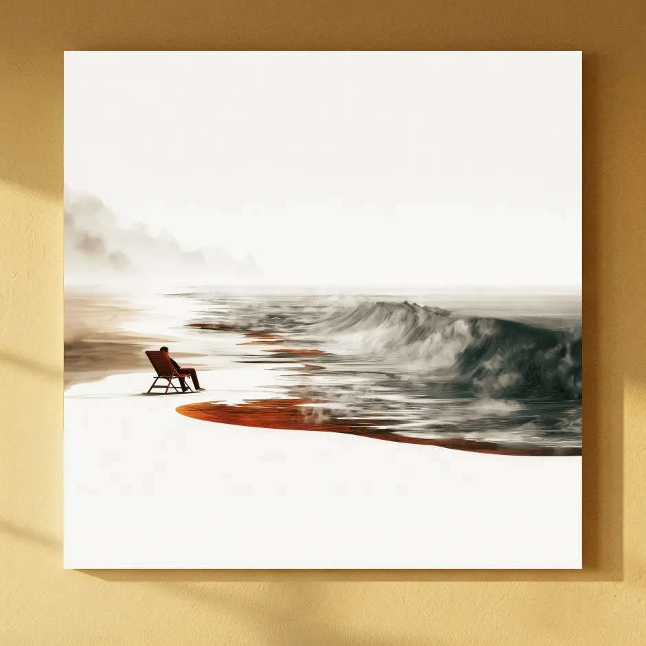 Misty Surreal Beach Chair Wave Illustration - Minimalist Coastal Wall Art
