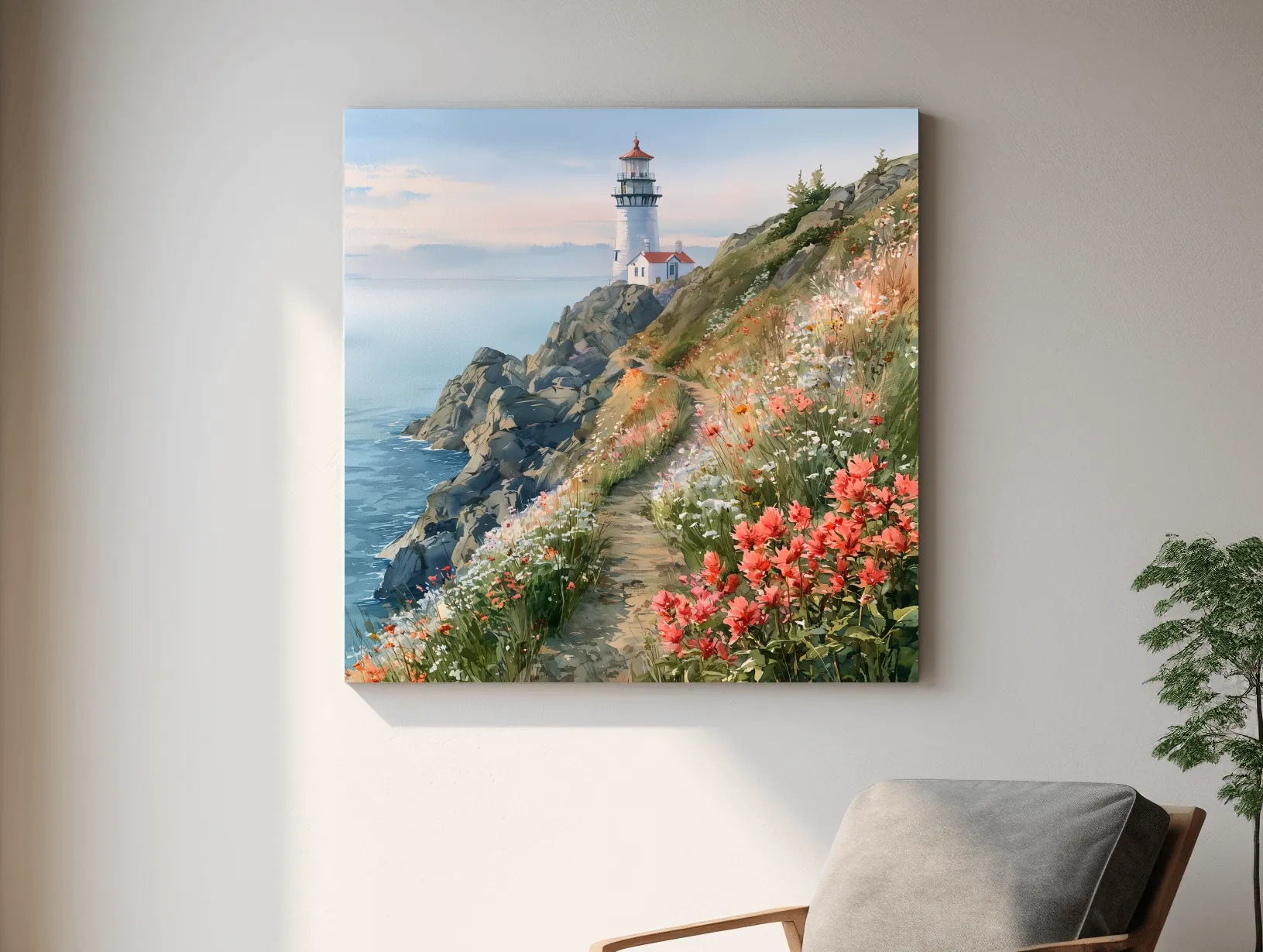 Wildflower Cliff Lighthouse Painting - Serene Coastal Wall Art