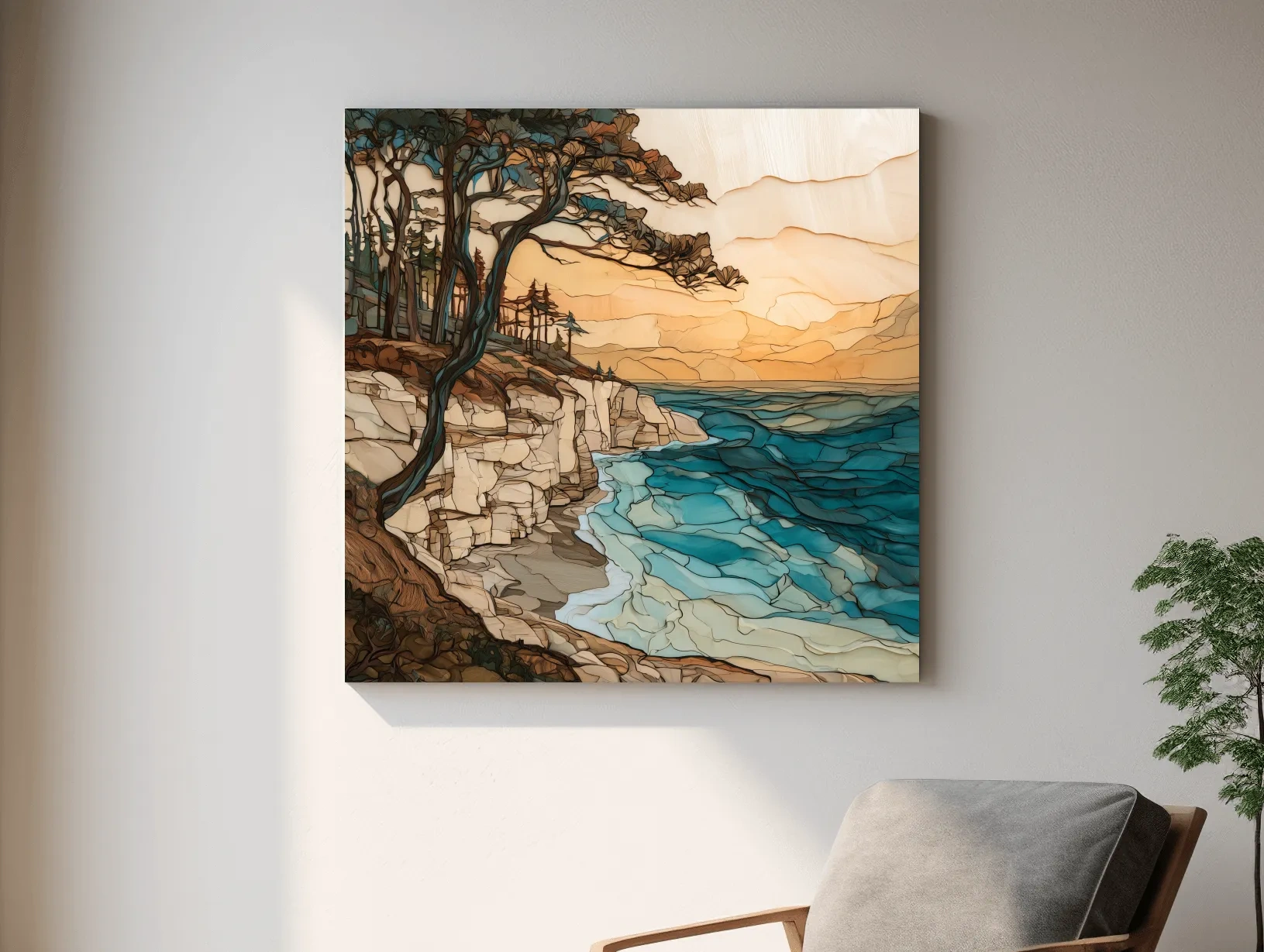 Abstract Coastal Cliffs And Windswept Trees - Ocean Illustration Wall Art
