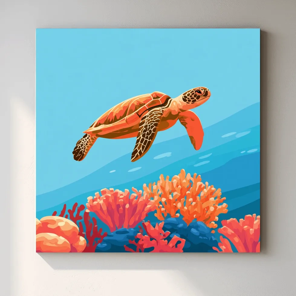 Mid-Century Sea Turtle Reef - Minimalist Vector Marine Life Art