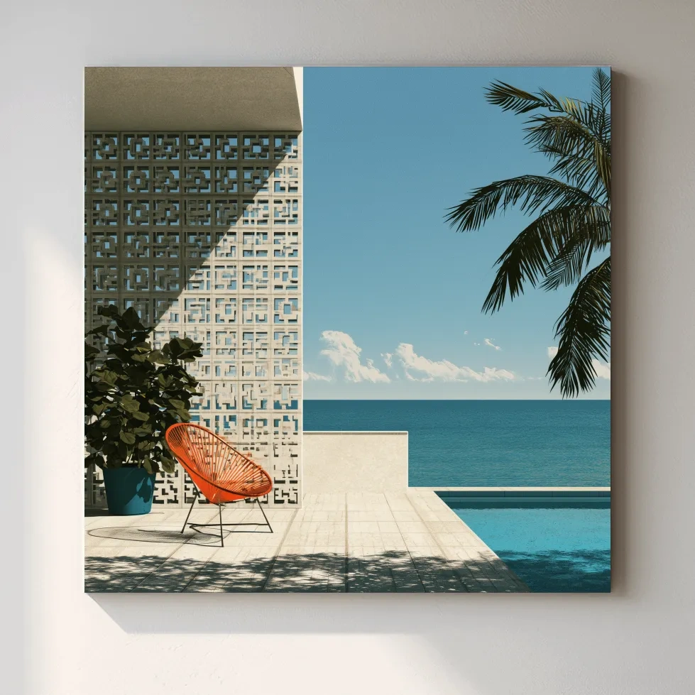 Mid Century Tropical Patio Illustration - Modern Ocean Wall Art