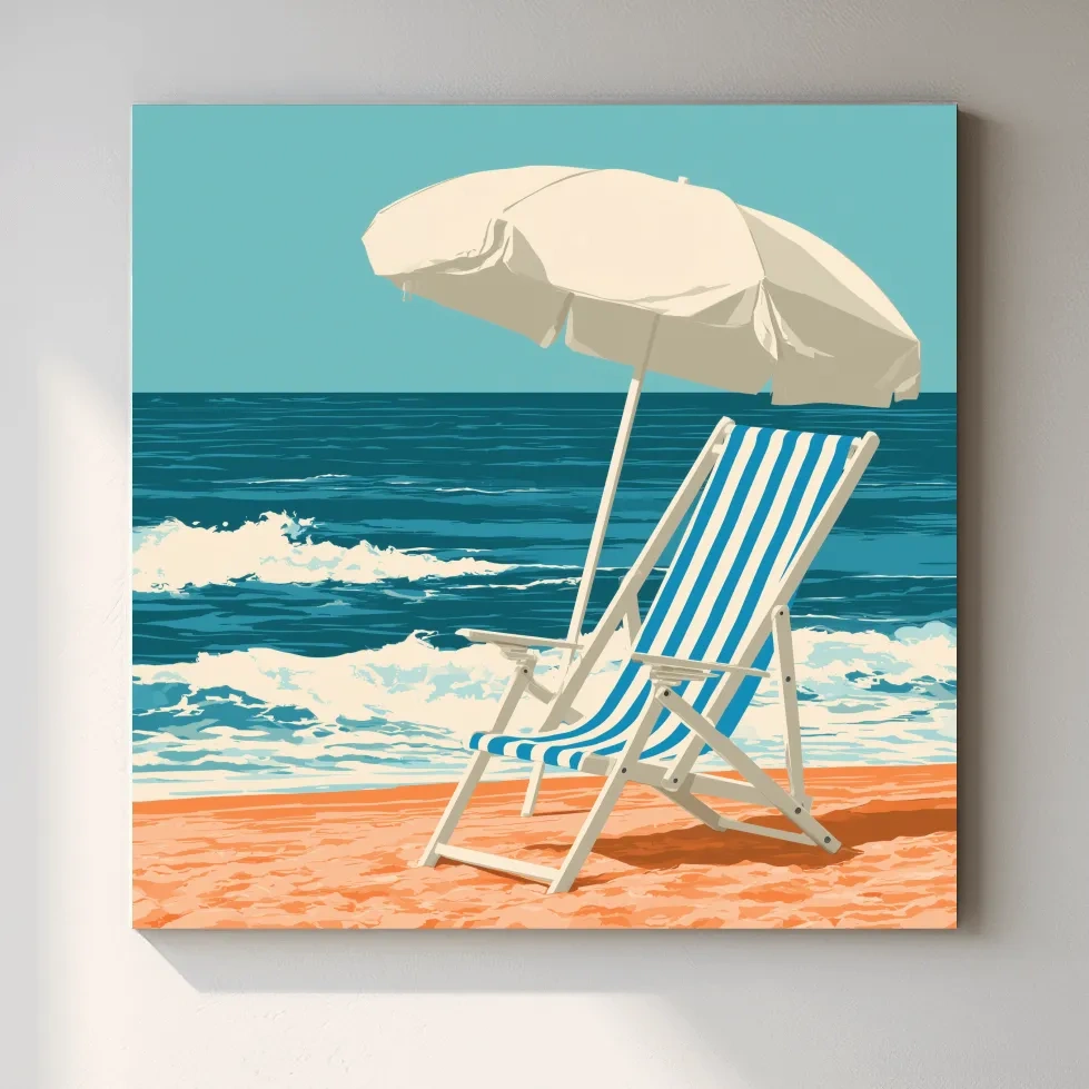 Mid-Century Beach Chair Umbrella - Retro Ocean Vector Wall Art