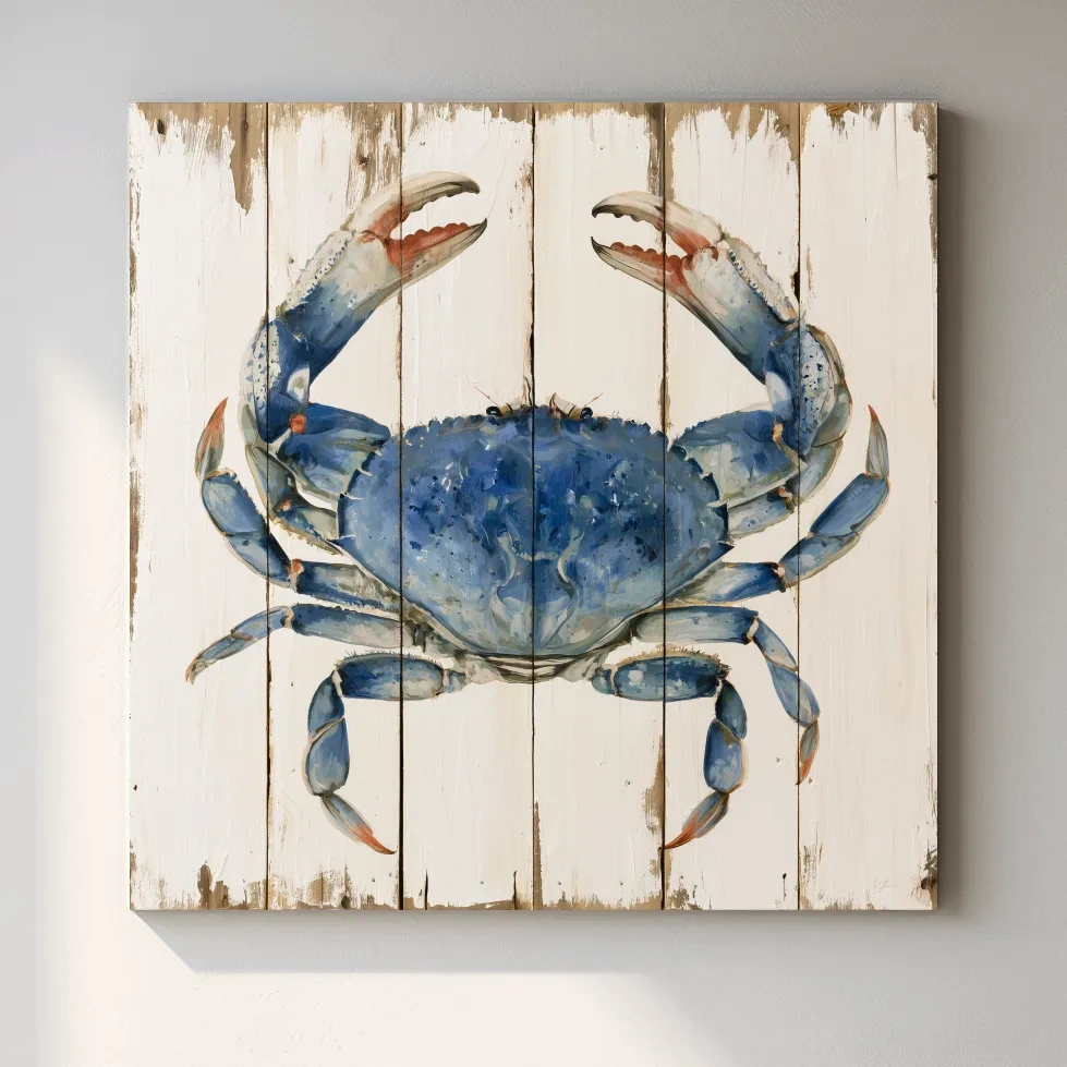 Blue Crab Painting on Wood Effect - Rustic Coastal Marine Life Wall Art