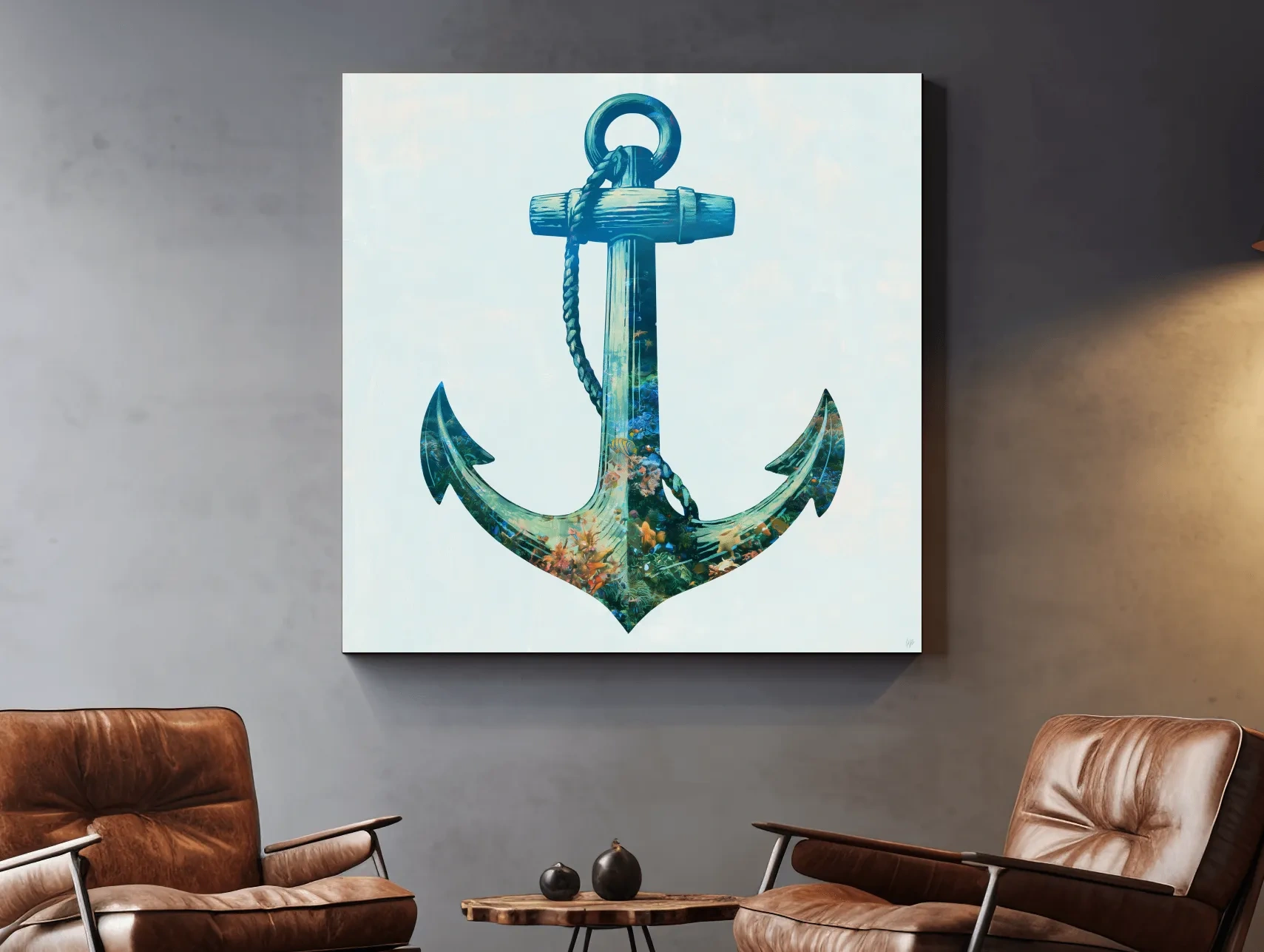 Underwater Anchor Double Exposure - Minimalist Marine Illustration Wall Art