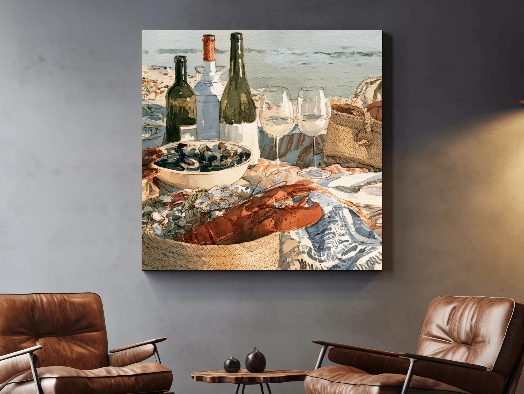 Watercolor Lobster Wine Picnic - Coastal Still Life Wall Art