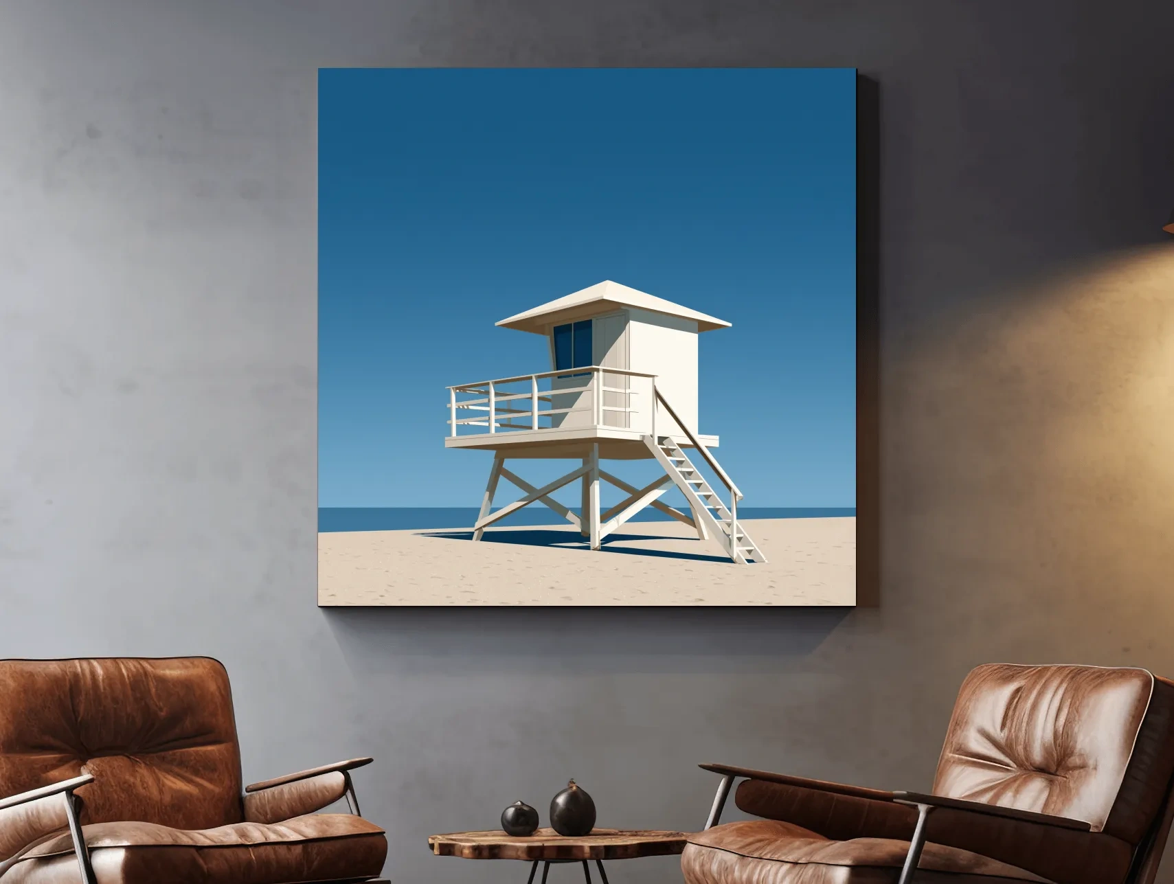 Mid-Century Beach Lifeguard Tower - Minimalist Vector Wall Art