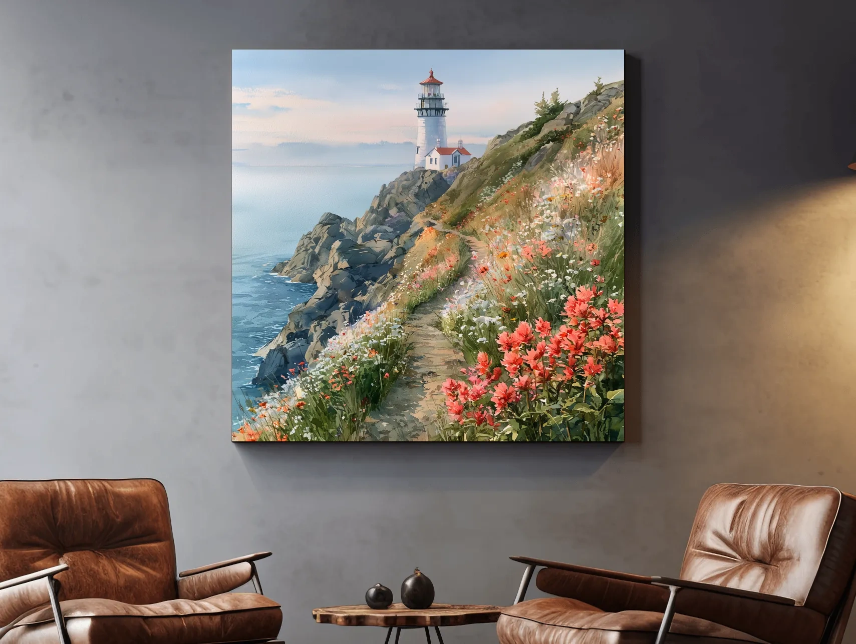 Wildflower Cliff Lighthouse Painting - Serene Coastal Wall Art