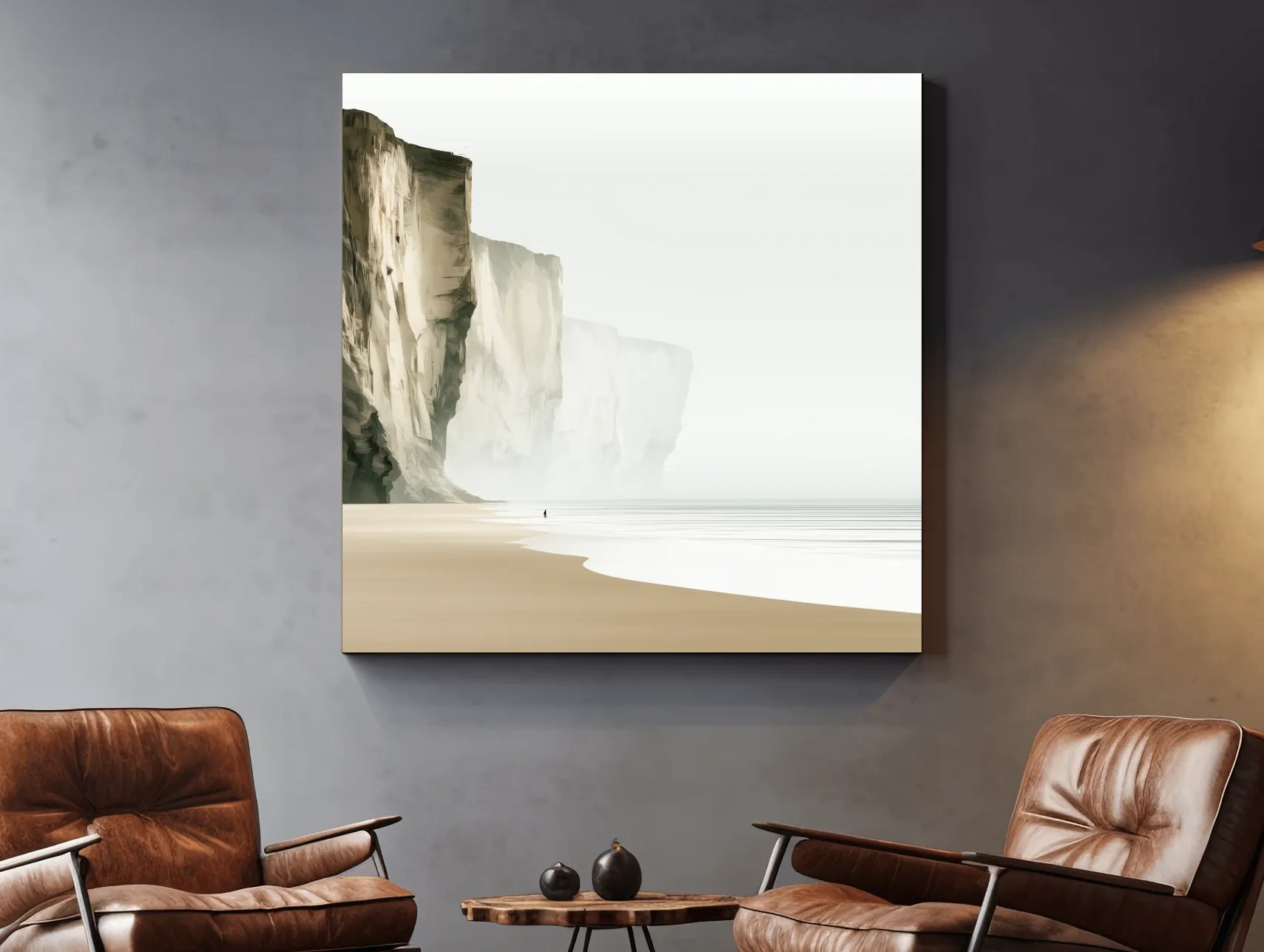 Misty Coastal Cliffs Beach Illustration - Minimalist Landscape Wall Art