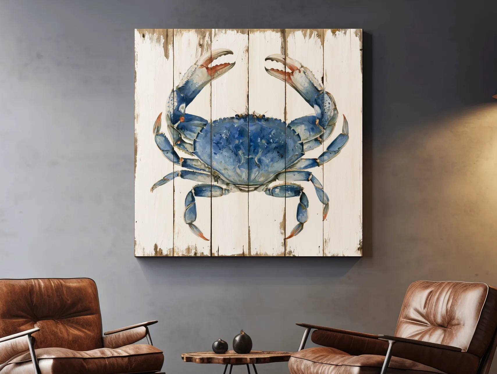 Blue Crab Painting on Wood Effect - Rustic Coastal Marine Life Wall Art