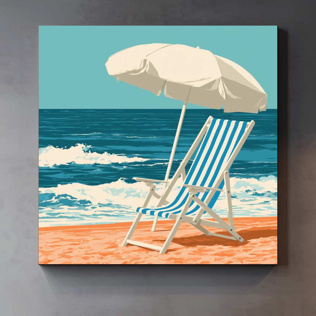 Mid-Century Beach Chair Umbrella - Retro Ocean Vector Wall Art