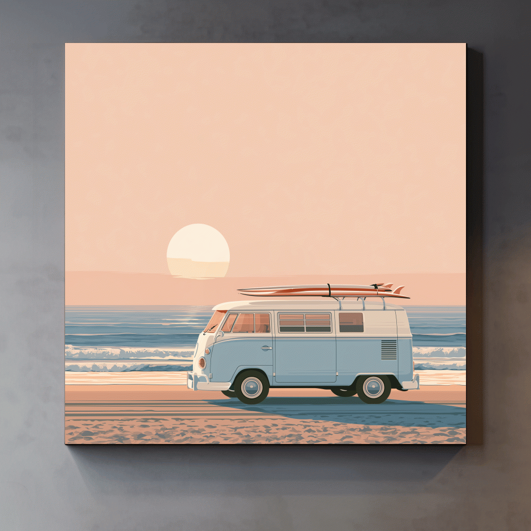 Vintage Surf Camper Van - Retro Beach Vector Wall Art