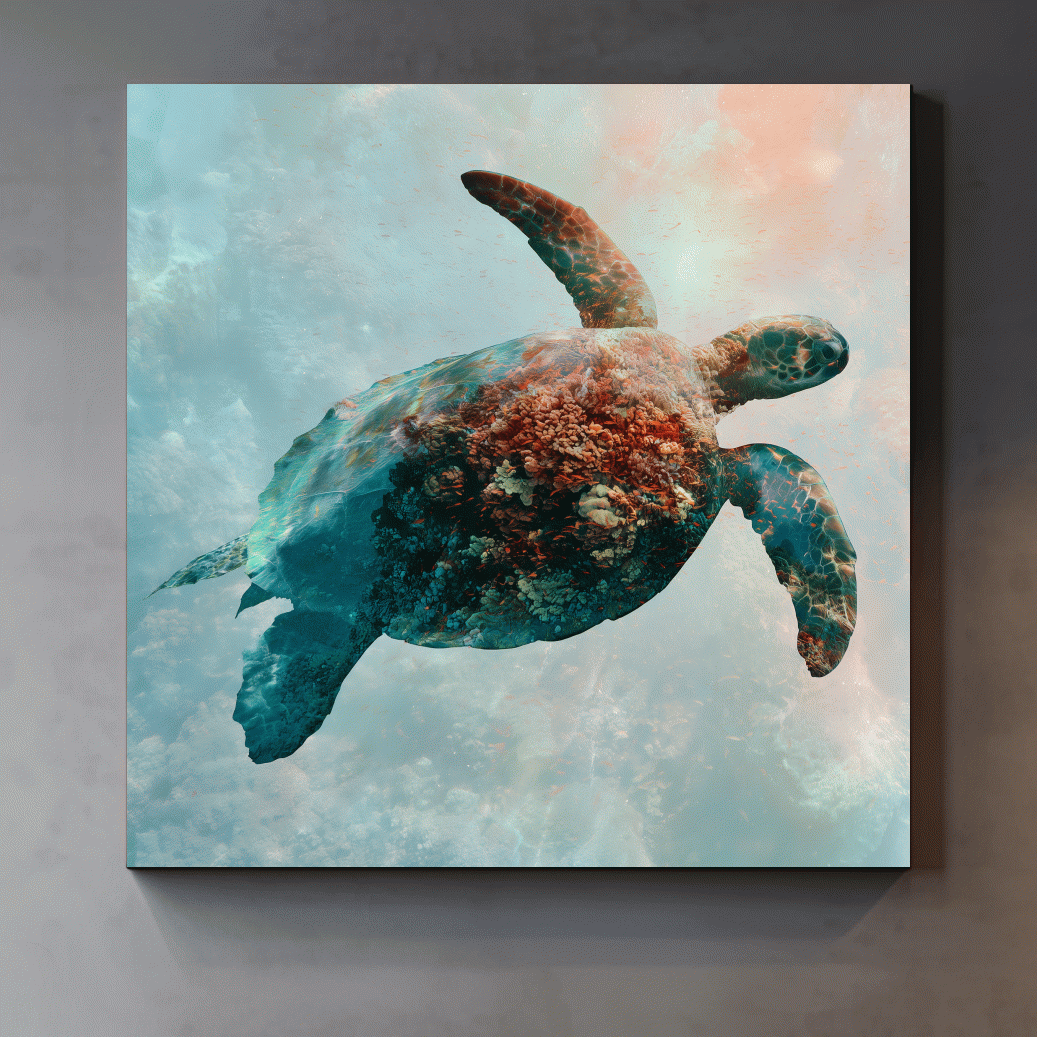 Surreal Sea Turtle Reef Double Exposure - Photographic Marine Life Wall Art