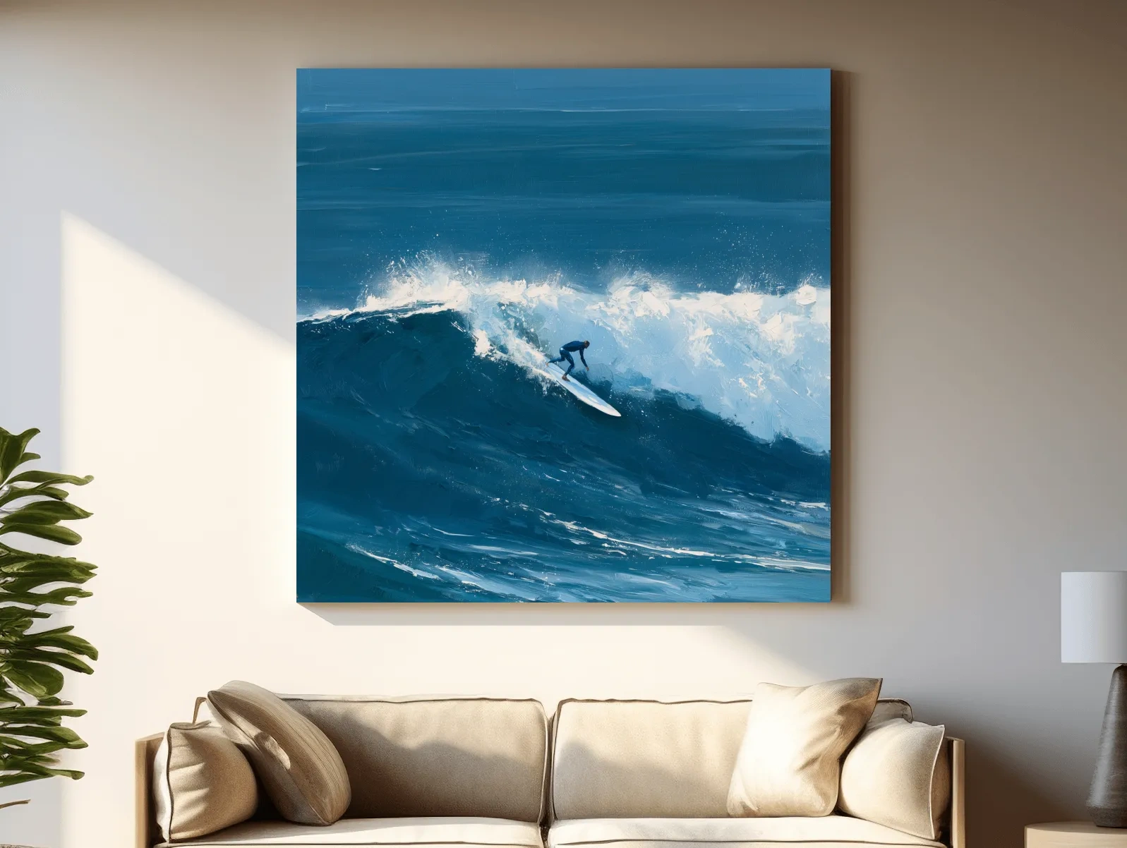 Classic Longboard Surfer Riding Wave - Dynamic Ocean Painting Wall Art