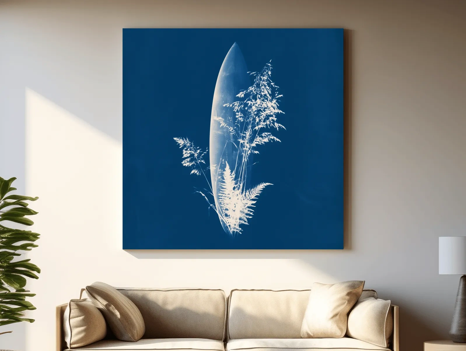 Cyanotype Surfboard Botanical Illustration - Hamptons Coastal Wall Art
