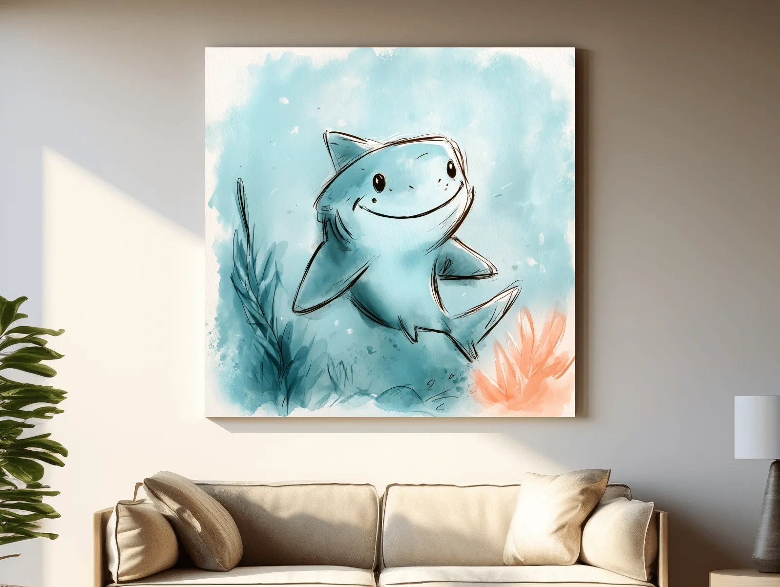 Cute Happy Shark Watercolour Illustration - Underwater Nursery Marine Life Art