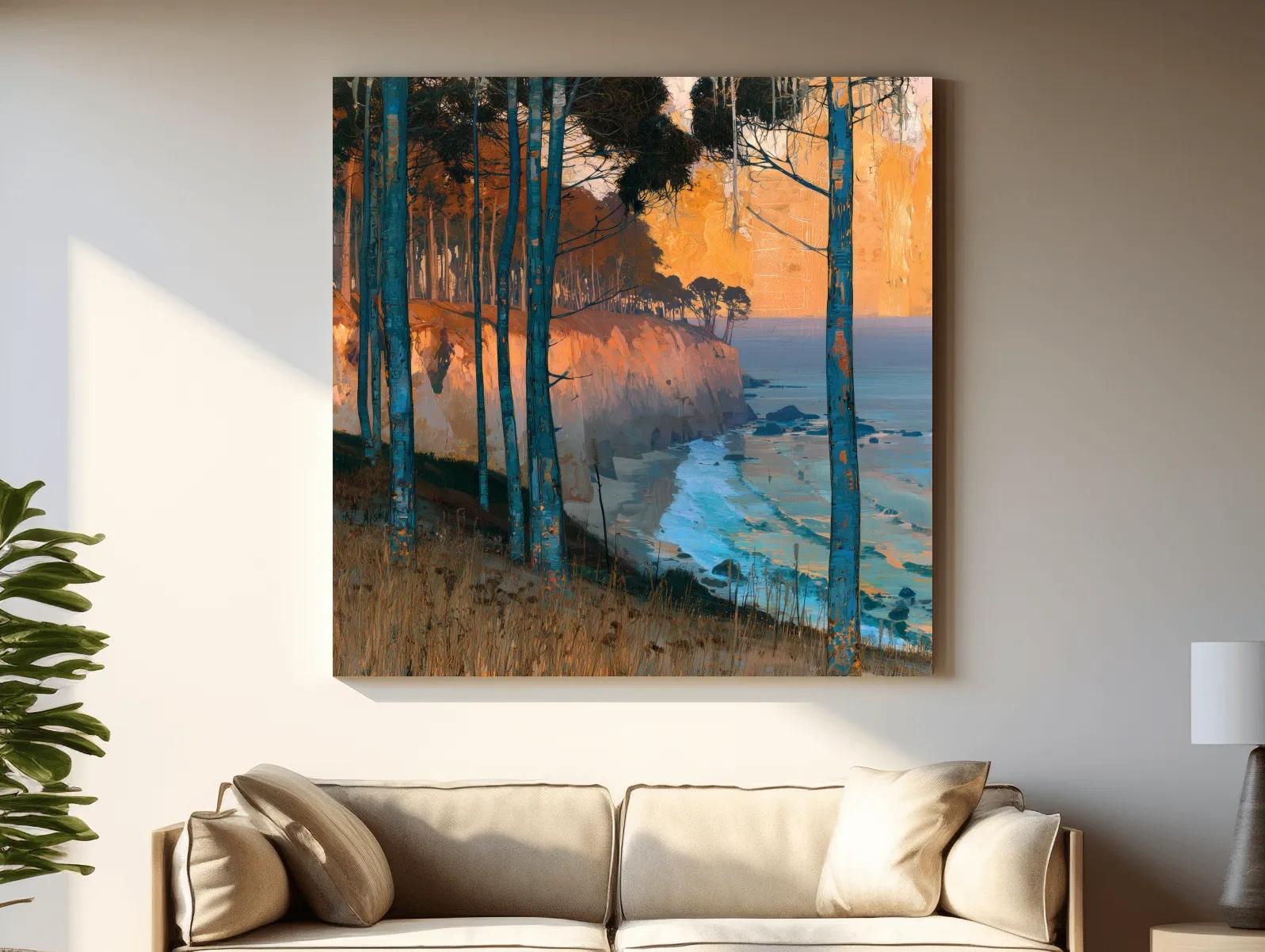 Abstract Coastal Cliffs And Pine Trees - Golden Sunset Illustration Wall Art