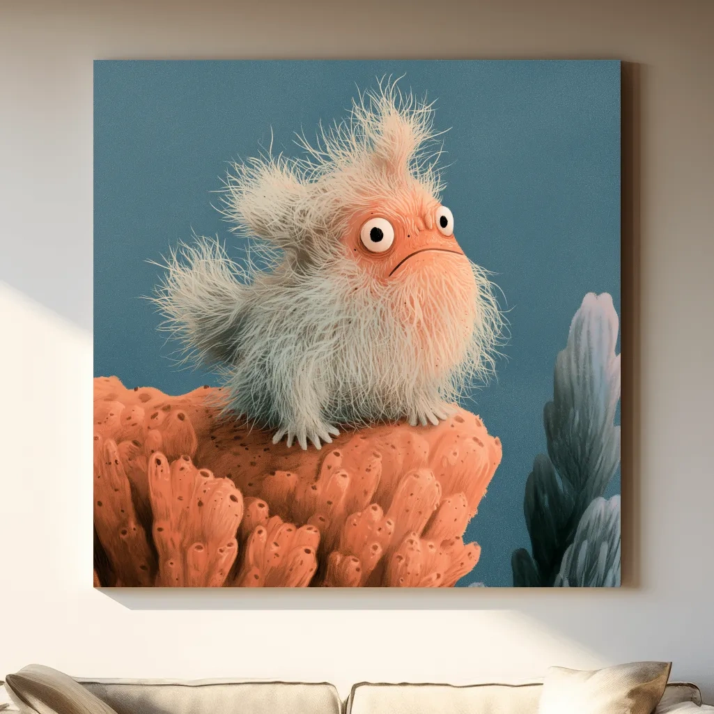 Whimsical Scandi Furry Frogfish Painting - Quirky Marine Life Wall Art