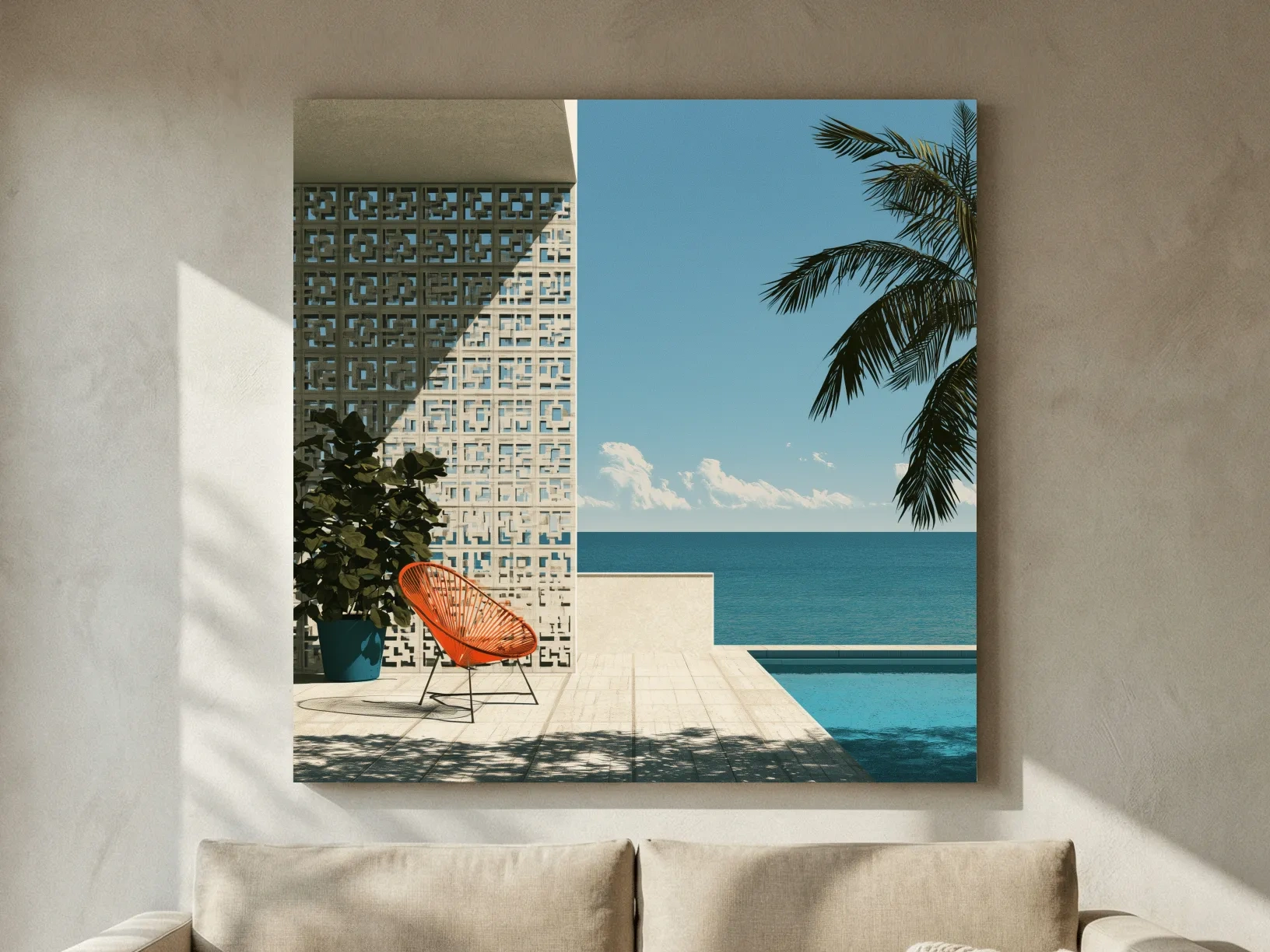 Mid Century Tropical Patio Illustration - Modern Ocean Wall Art