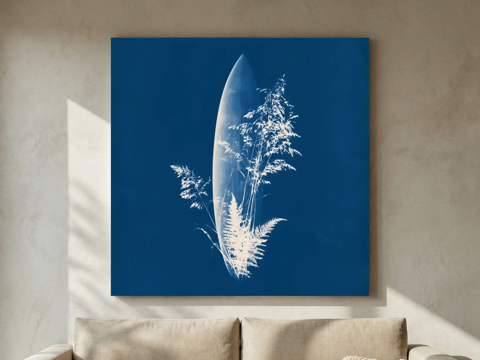 Cyanotype Surfboard Botanical Illustration - Hamptons Coastal Wall Art