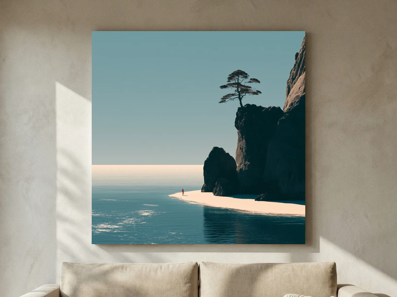 Minimalist Tropical Cliff Beach Illustration - Mid-Century Coastal Wall Art