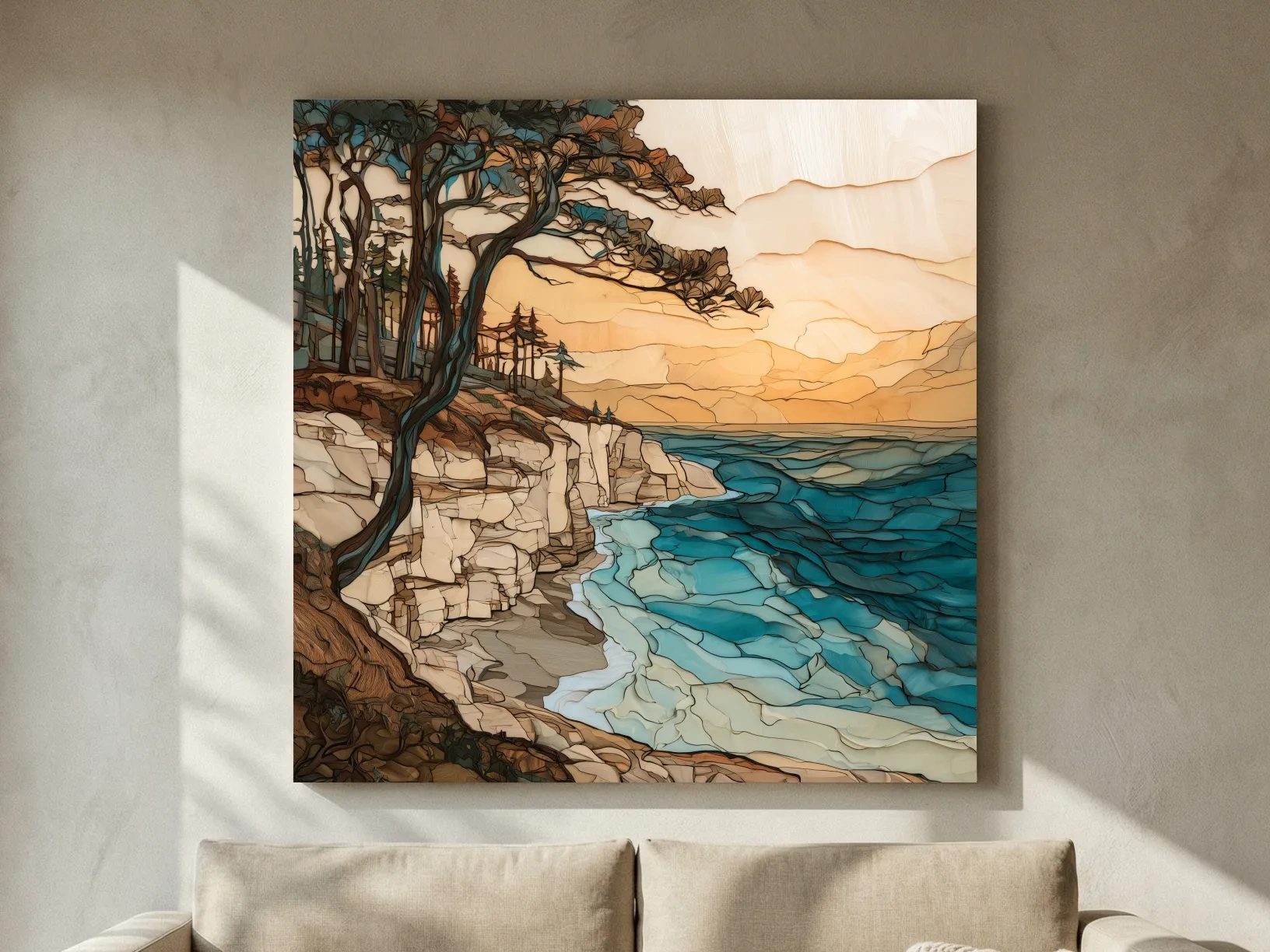 Abstract Coastal Cliffs And Windswept Trees - Ocean Illustration Wall Art