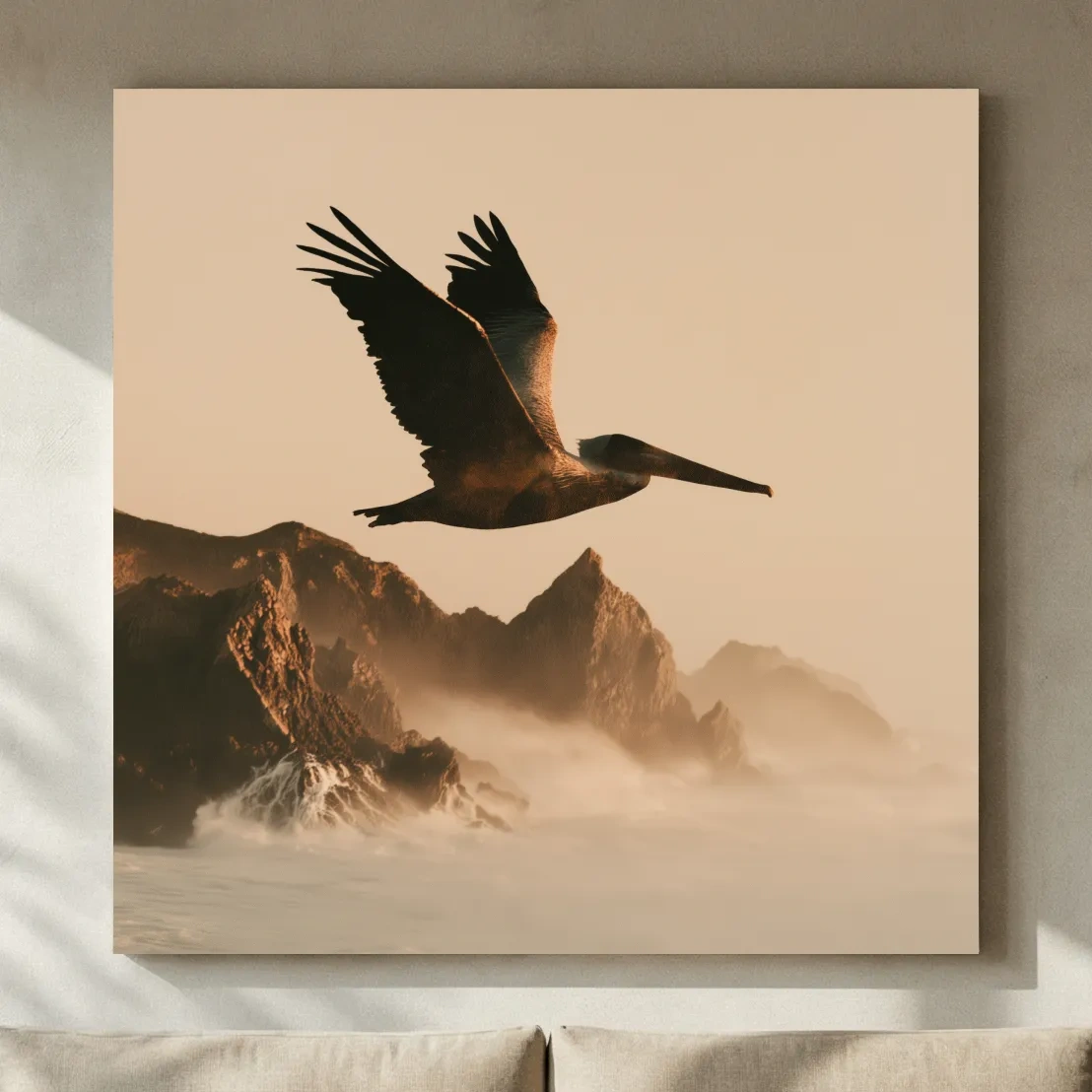 Majestic Pelican Silhouette Over Misty Coastline - Photographic Style Wall Art