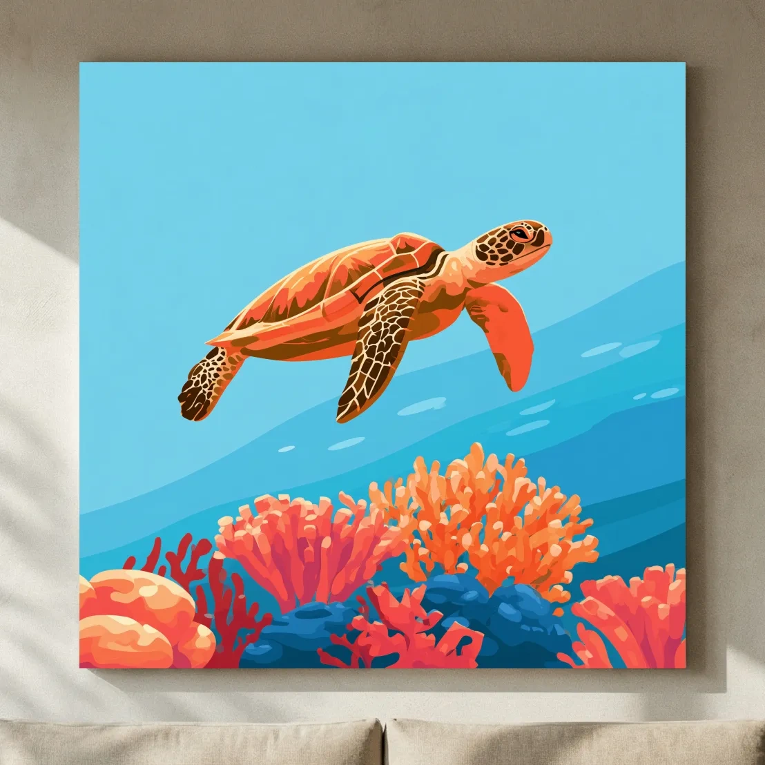 Mid-Century Sea Turtle Reef - Minimalist Vector Marine Life Art