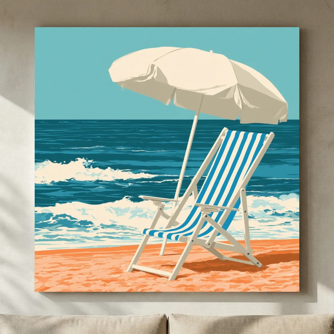 Mid-Century Beach Chair Umbrella - Retro Ocean Vector Wall Art