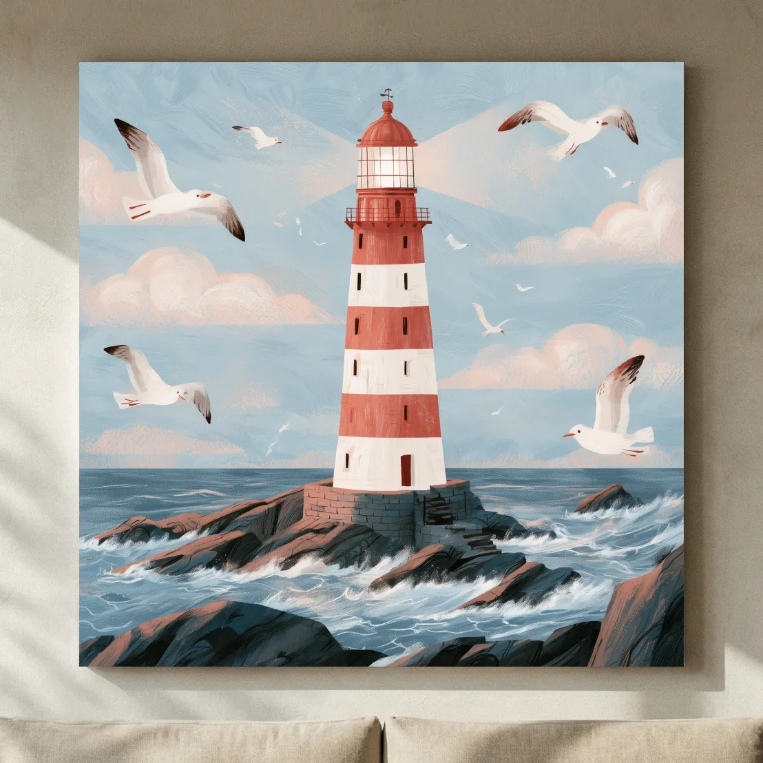 Whimsical Scandi Lighthouse Seagull Painting - Coastal Wall Art