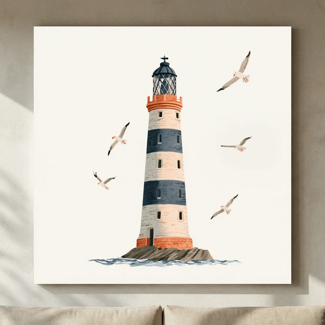 Whimsical Scandi Lighthouse Painting - Coastal Seagull Wall Art
