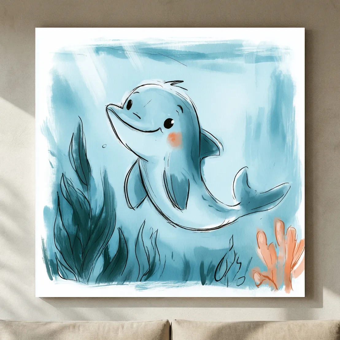 Cute Underwater Dolphin Watercolour Illustration - Nursery Marine Life Wall Art