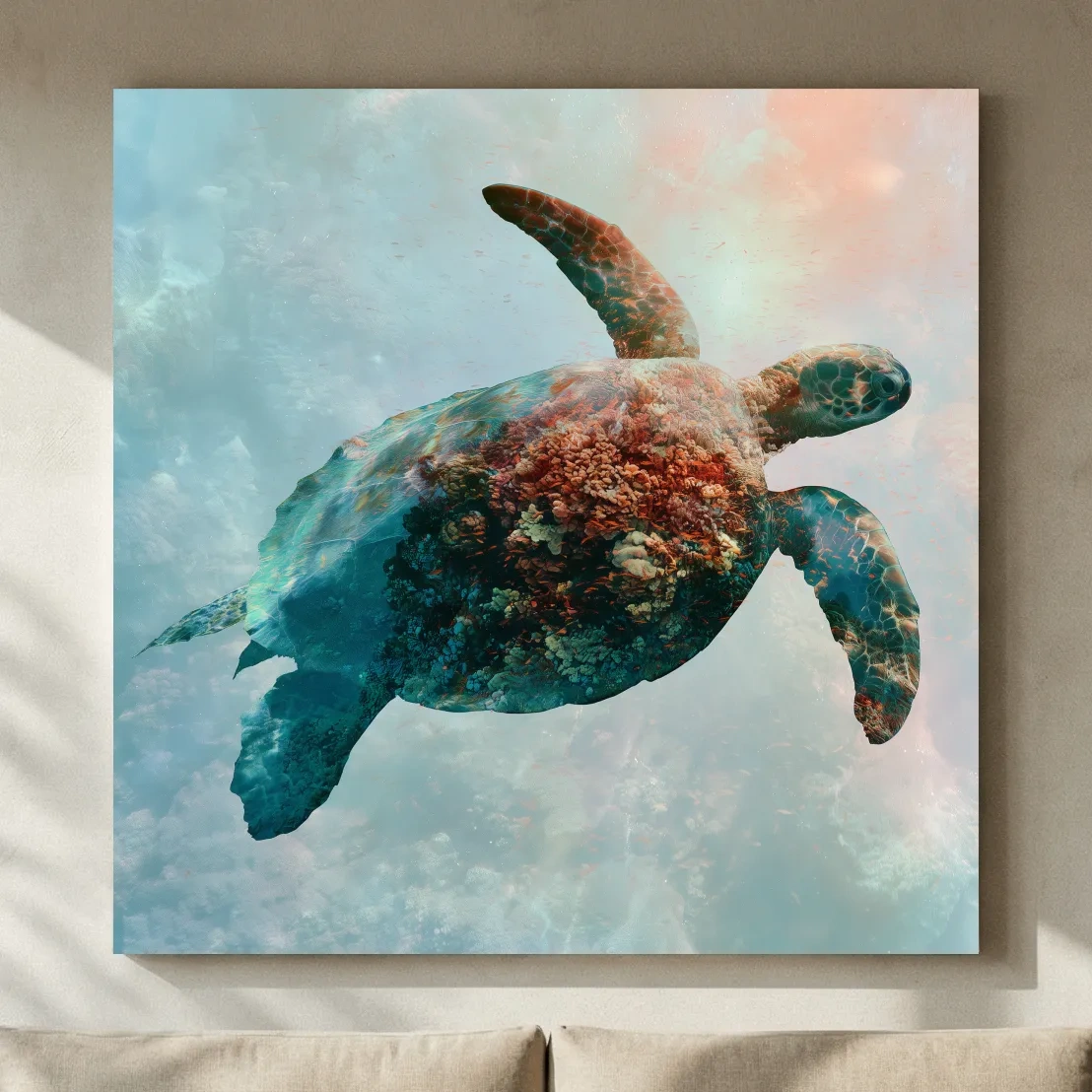 Surreal Sea Turtle Reef Double Exposure - Photographic Marine Life Wall Art