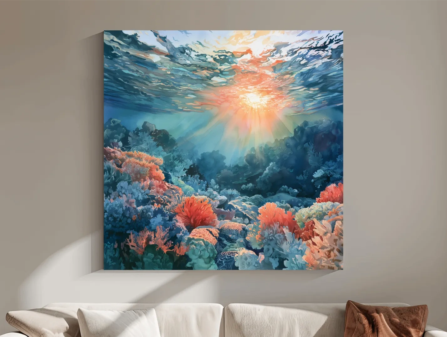 Sunlit Coral Reef Seascape Painting - Vibrant Underwater Wall Art