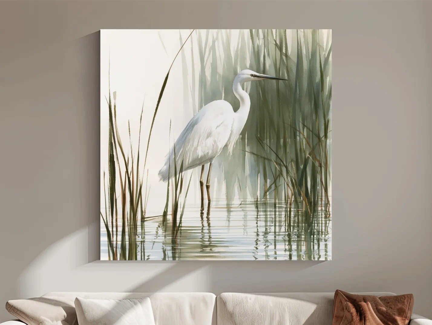 Serene White Heron Watercolor - Marsh Bird Wall Art