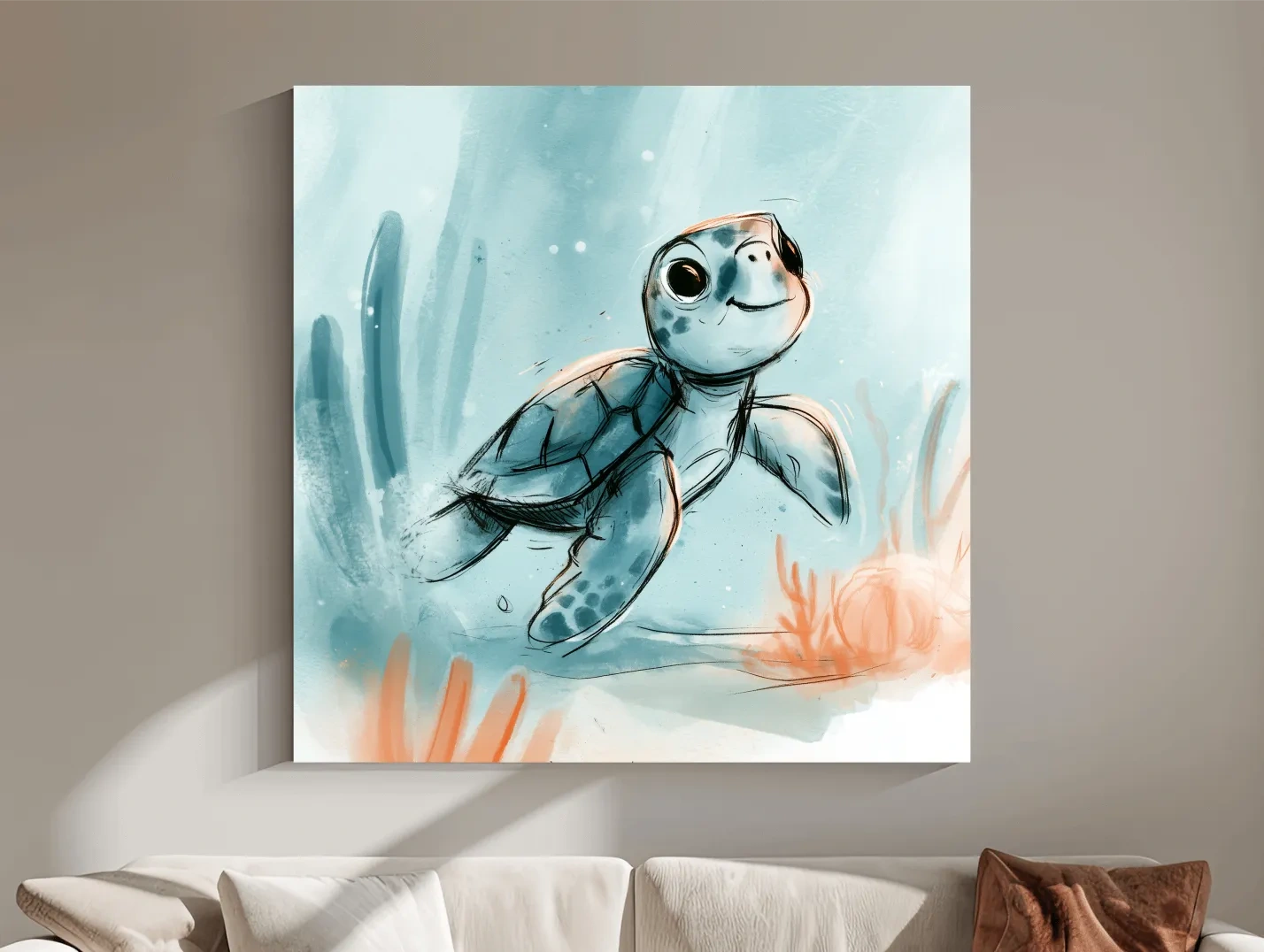 Cute Sea Turtle Underwater Watercolour Illustration - Marine Life Wall Art