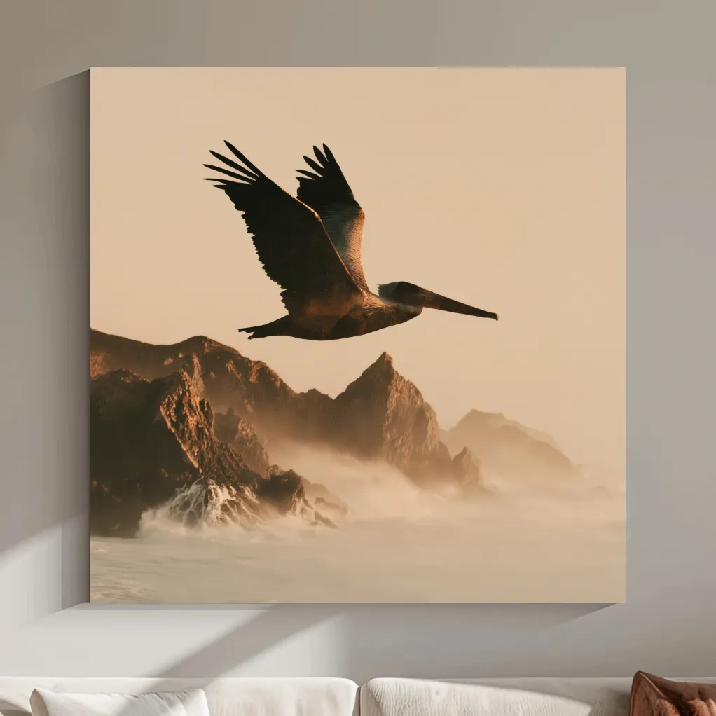 Majestic Pelican Silhouette Over Misty Coastline - Photographic Style Wall Art