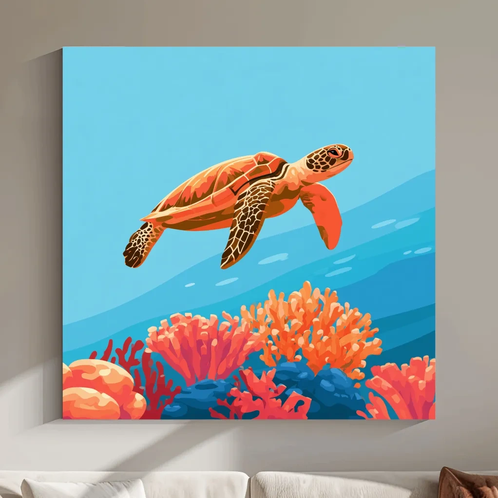 Mid-Century Sea Turtle Reef - Minimalist Vector Marine Life Art