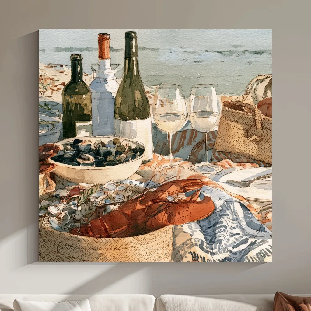 Watercolor Lobster Wine Picnic - Coastal Still Life Wall Art