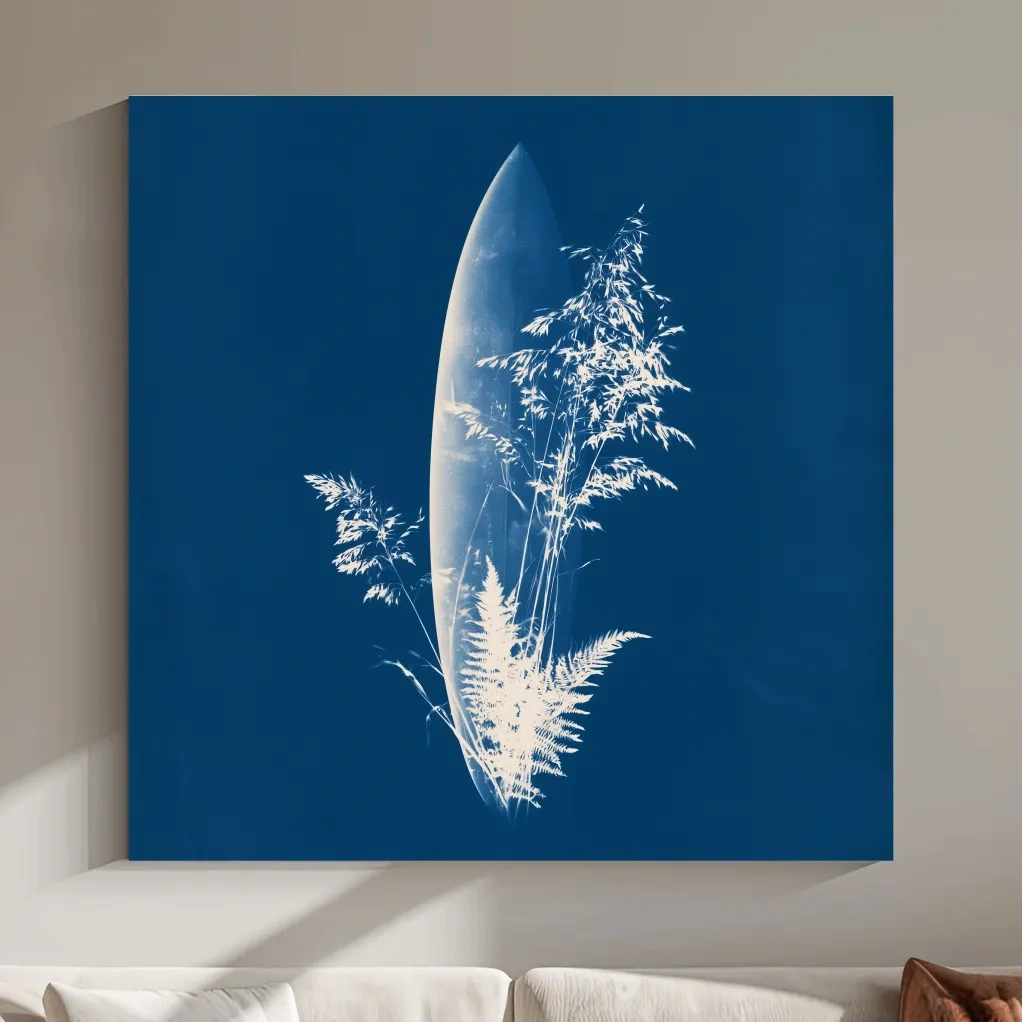 Cyanotype Surfboard Botanical Illustration - Hamptons Coastal Wall Art