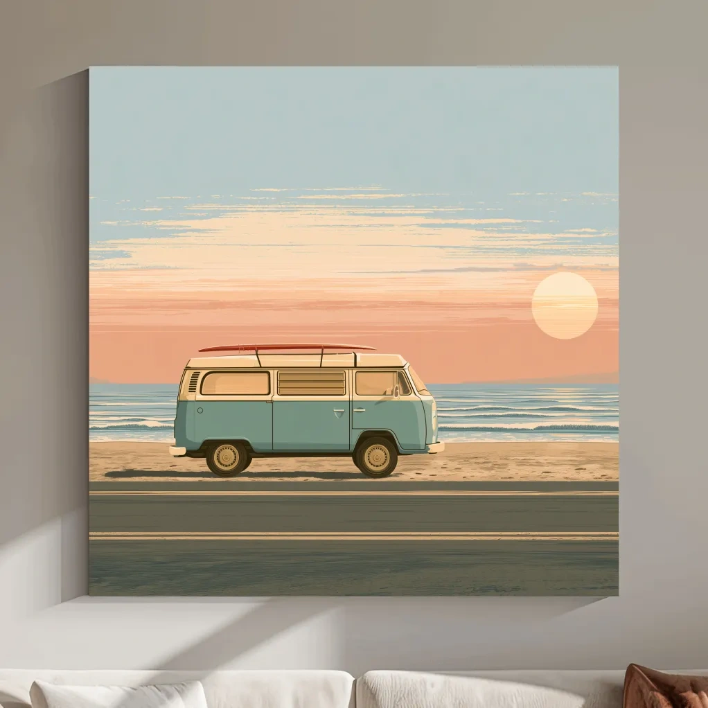 Vintage 1970s Beach Camper Van - Retro Coastal Vector Wall Art