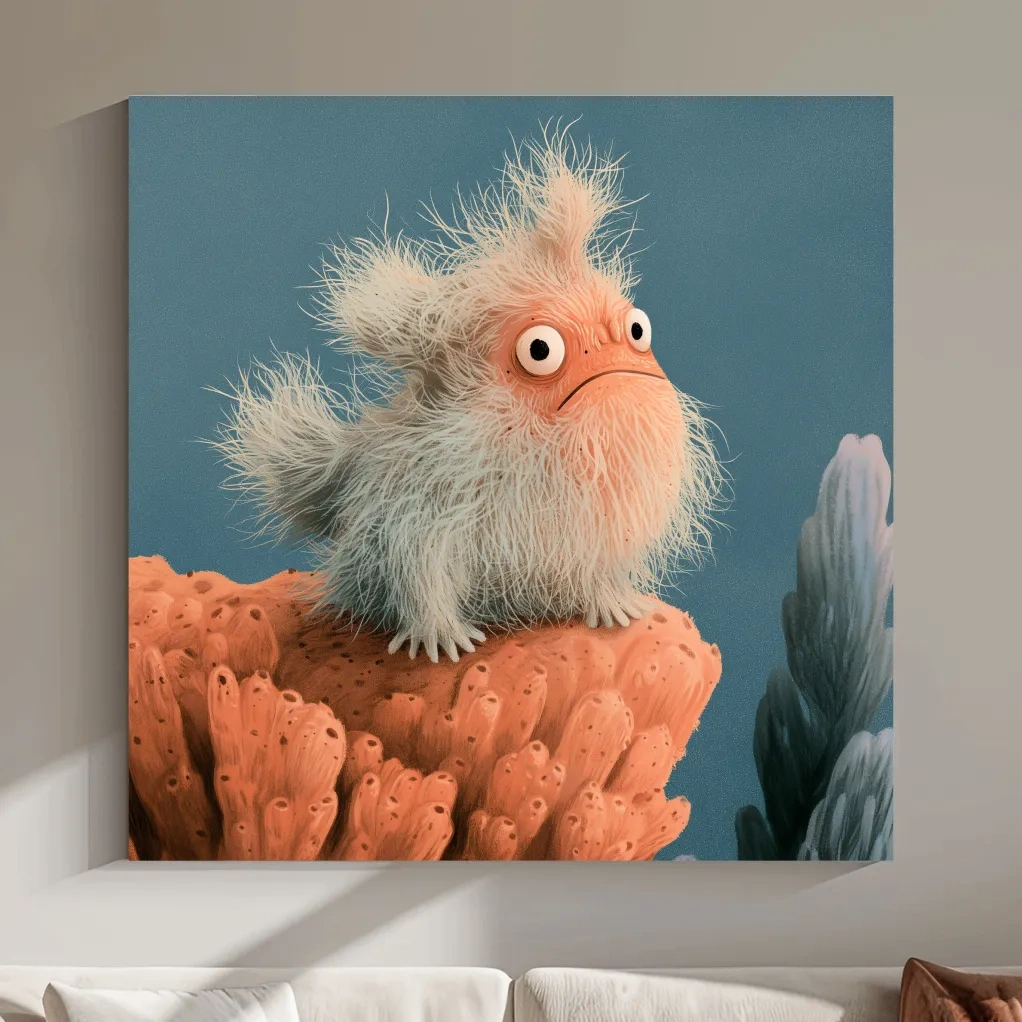 Whimsical Scandi Furry Frogfish Painting - Quirky Marine Life Wall Art