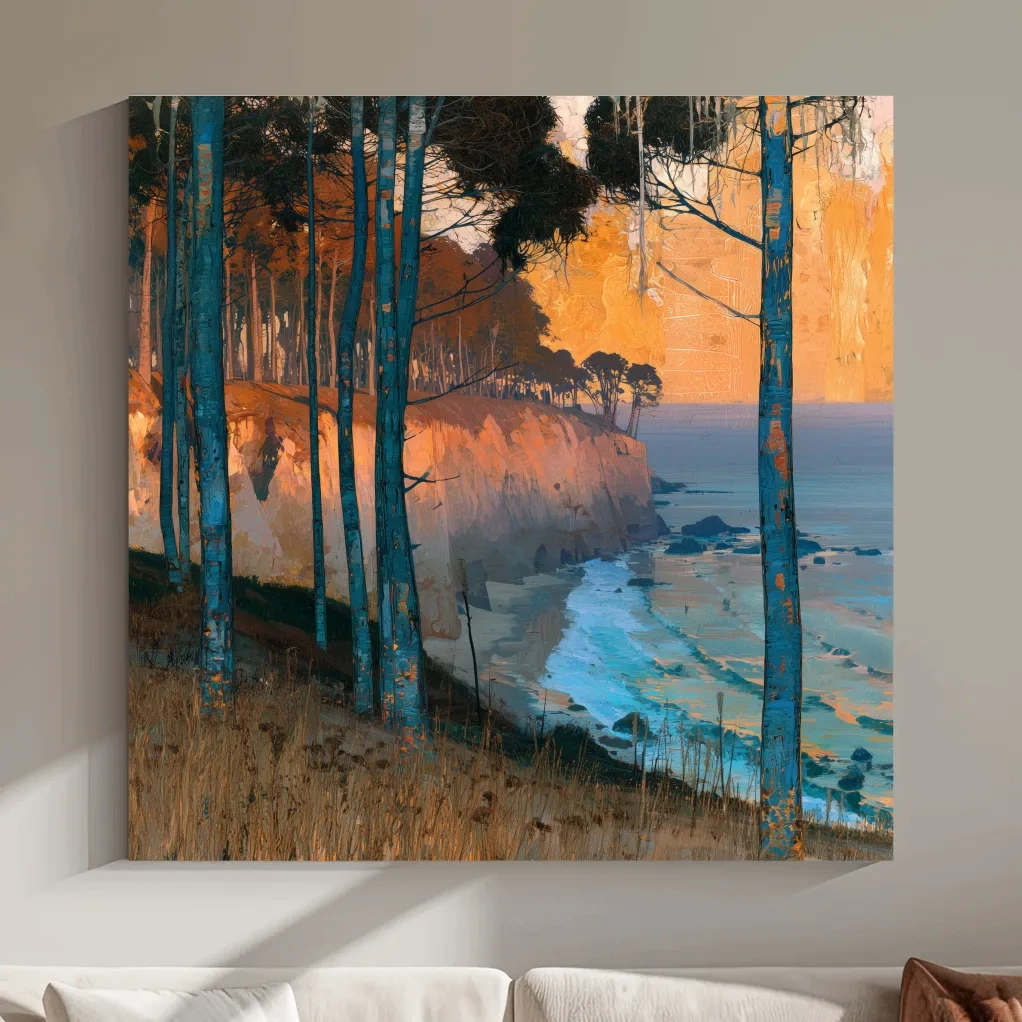 Abstract Coastal Cliffs And Pine Trees - Golden Sunset Illustration Wall Art