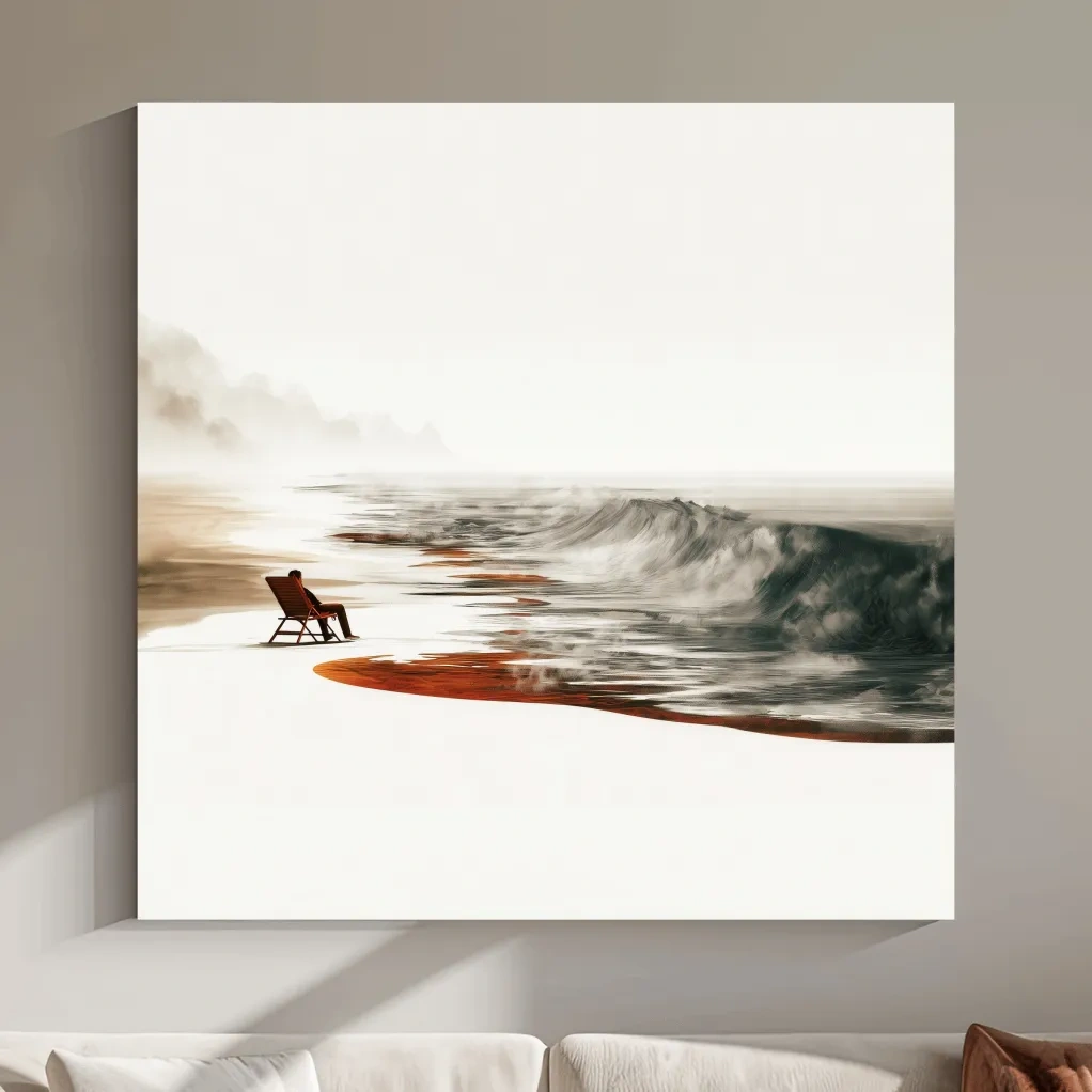 Misty Surreal Beach Chair Wave Illustration - Minimalist Coastal Wall Art