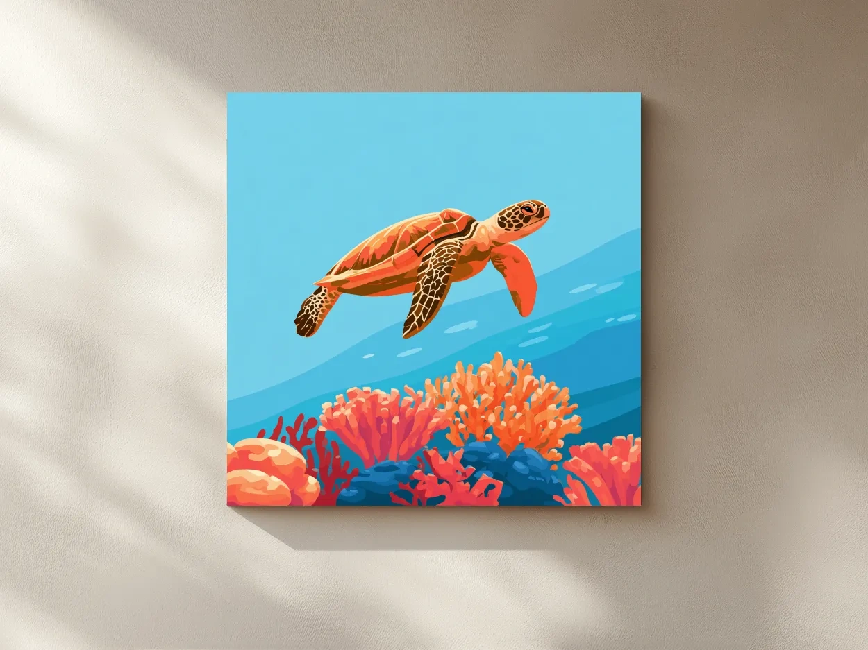 Mid-Century Sea Turtle Reef - Minimalist Vector Marine Life Art