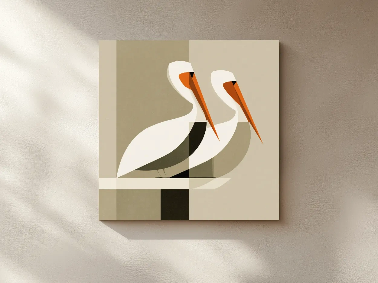 Mid-Century Pelican Pair - Geometric Coastal Illustration Wall Art