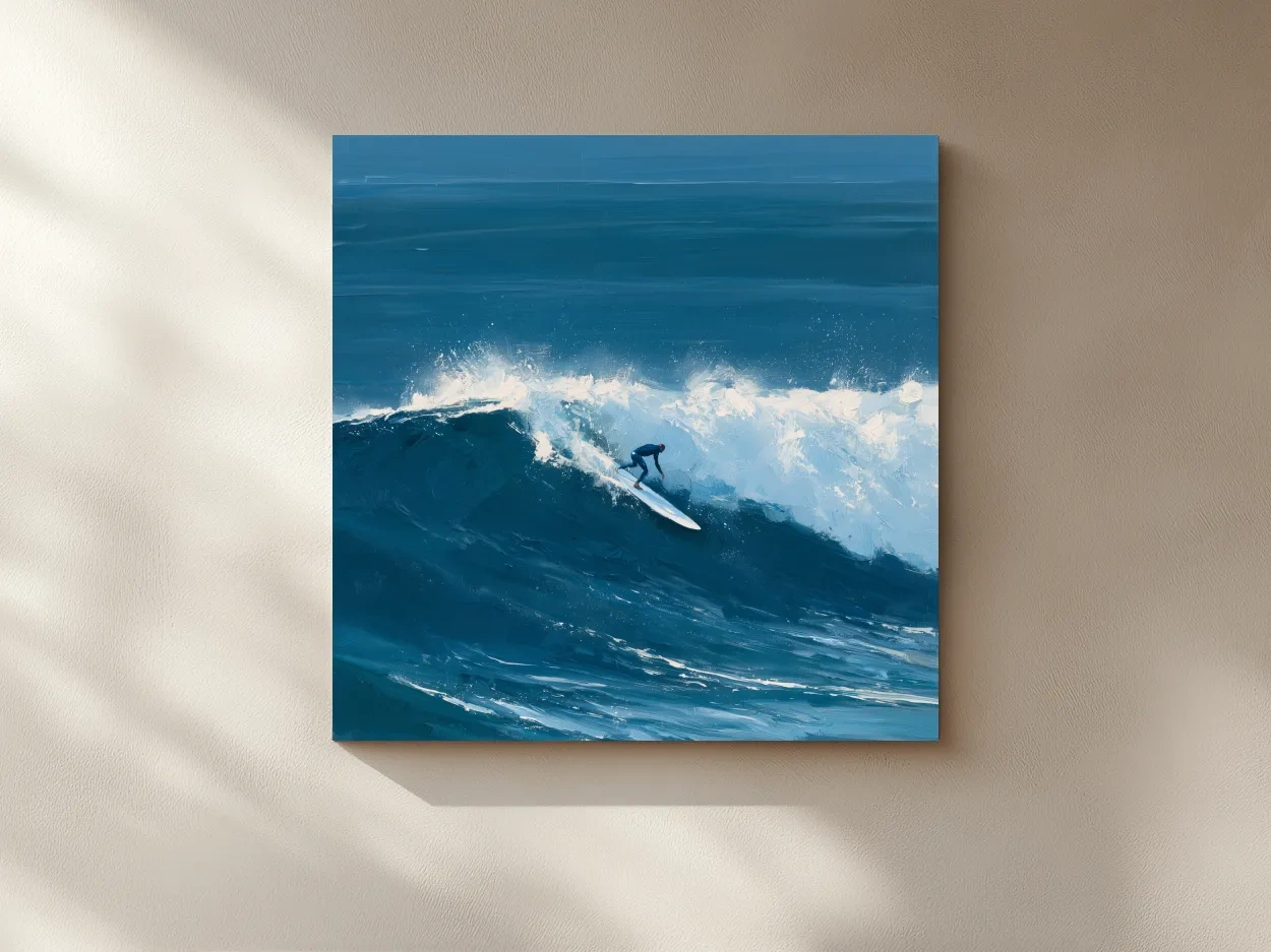 Classic Longboard Surfer Riding Wave - Dynamic Ocean Painting Wall Art